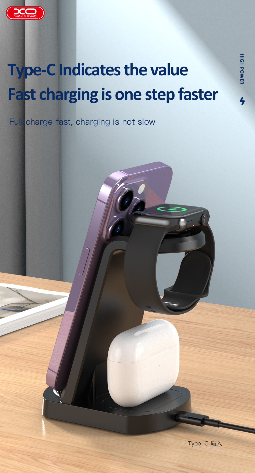 XO Charging Stand WX035 3-in-1 Wireless Charger 15W Black