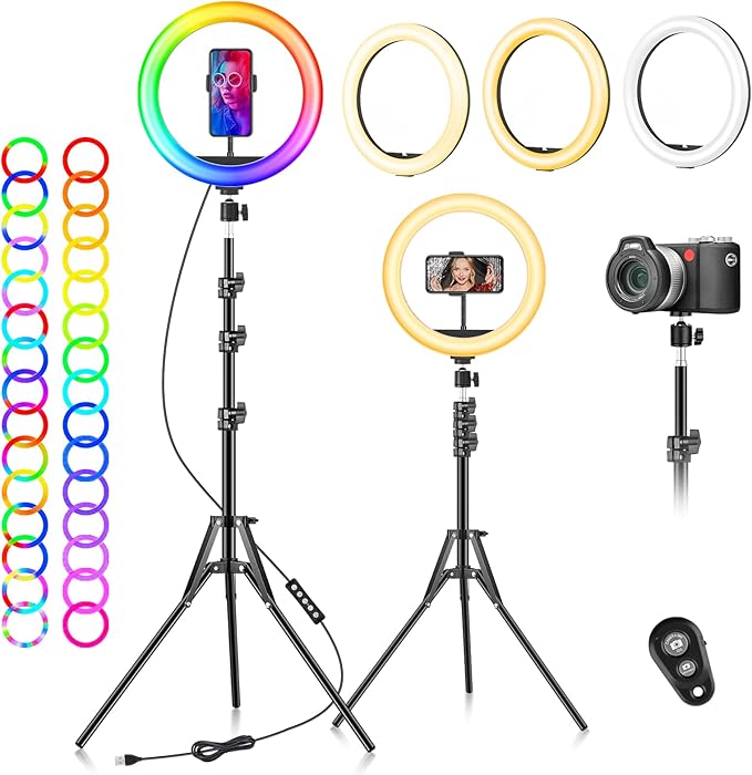 Ring Light with Tripod Stand & Phone Holder - 10 inch Selfie LED Ringlight Dimmable Desktop Lamp 40 Colors RGB Tall Circle Light for Camera Makeup Video YouTube Live Streaming Zoom Meeting